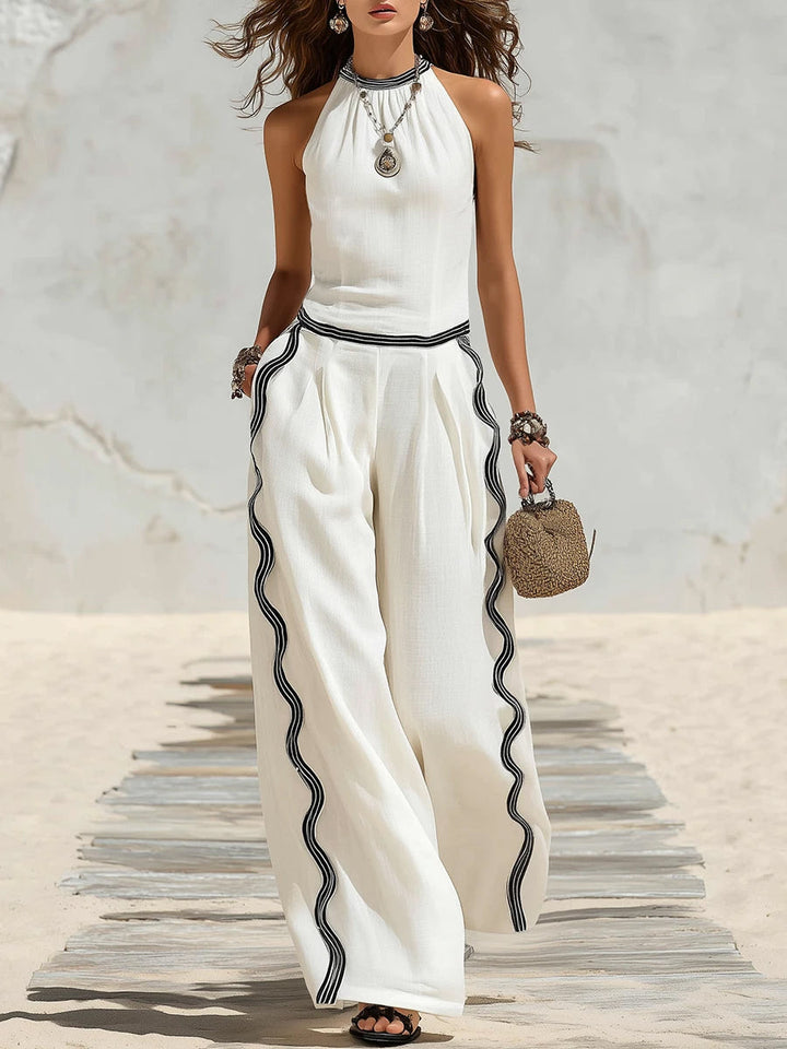 Women's Linen Striped Sleeveless Halter Top & Wide Leg Pants Two Piece Set