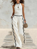 Women's Linen Striped Sleeveless Halter Top & Wide Leg Pants Two Piece Set