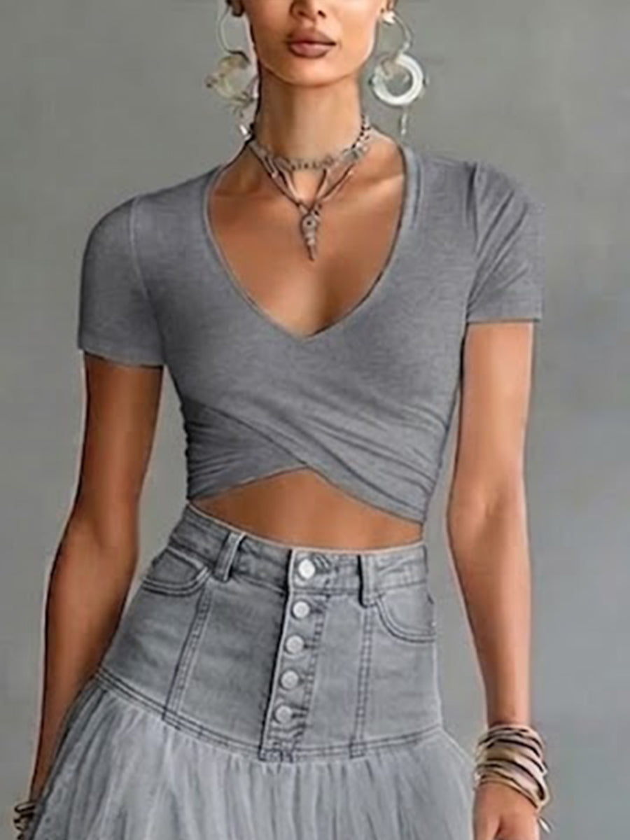 Women's V-Neck Wrap Front Short Sleeve Ribbed Knit Crop Top