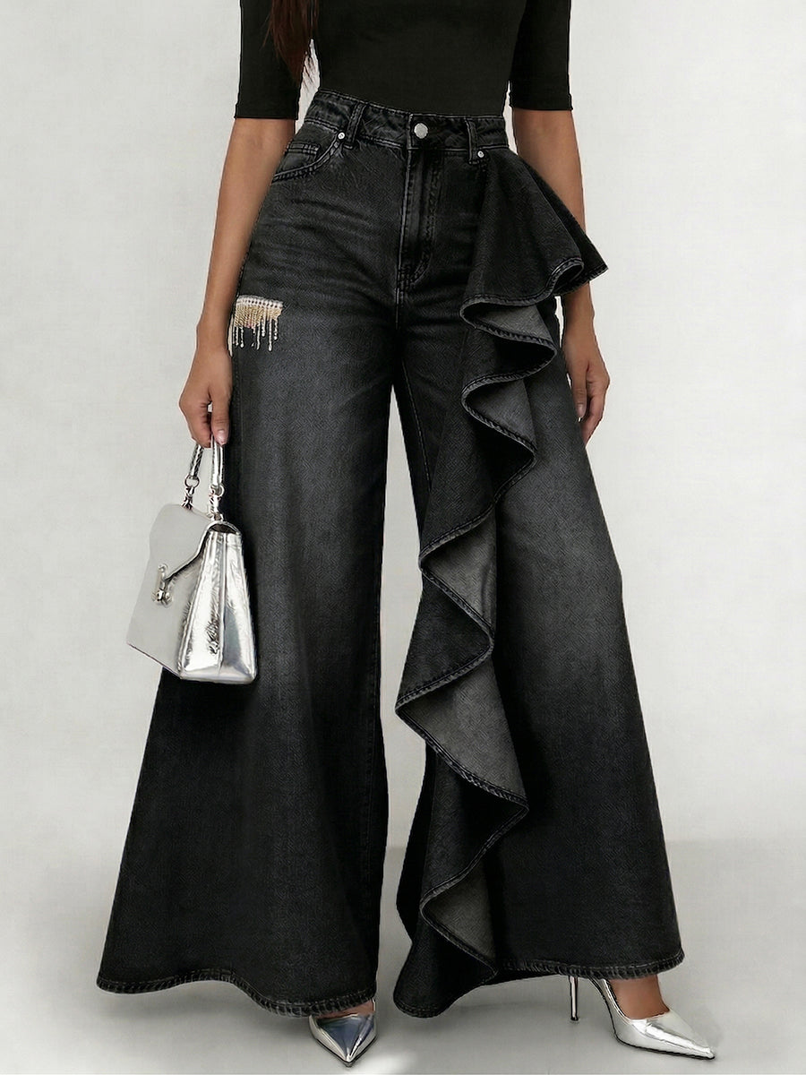 Women's Jeans Denim Wide-Leg Ruffle Asymmetric Flare Style