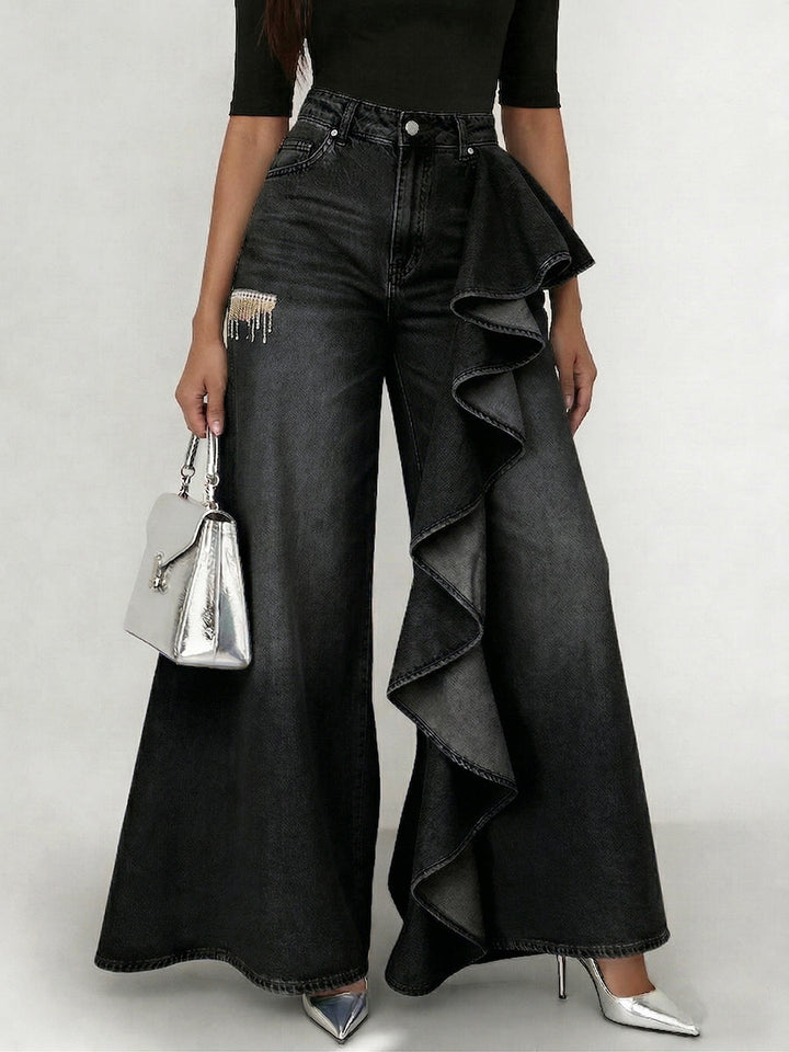 Women's Jeans Denim Wide-Leg Ruffle Asymmetric Flare Style