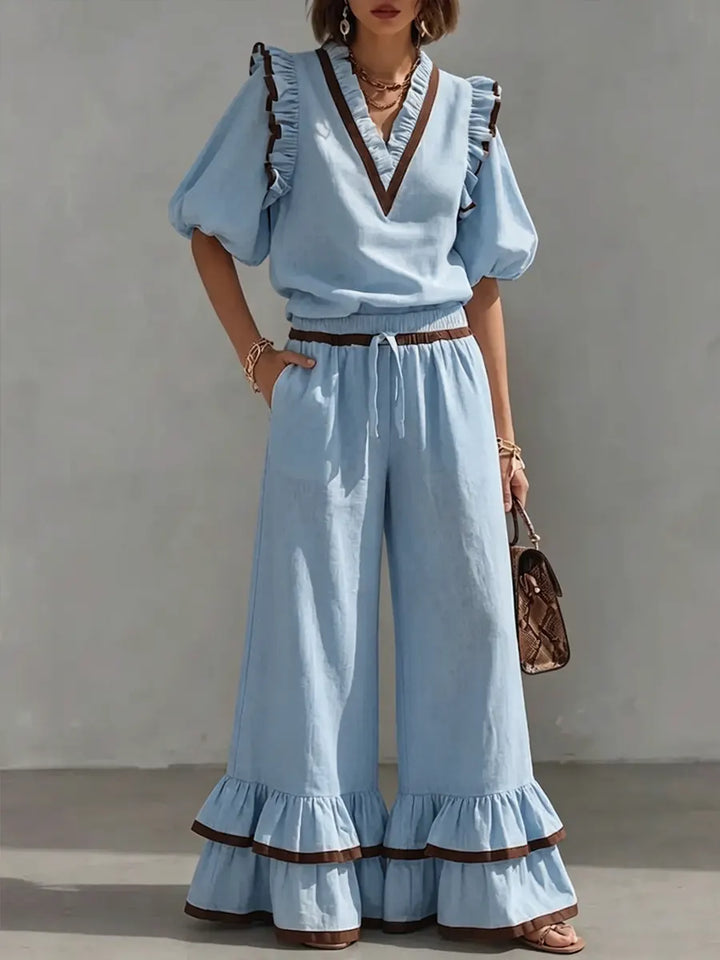 Women's Linen V-Neck Puff Sleeve Ruffle Hem Wide Leg Two Piece Set