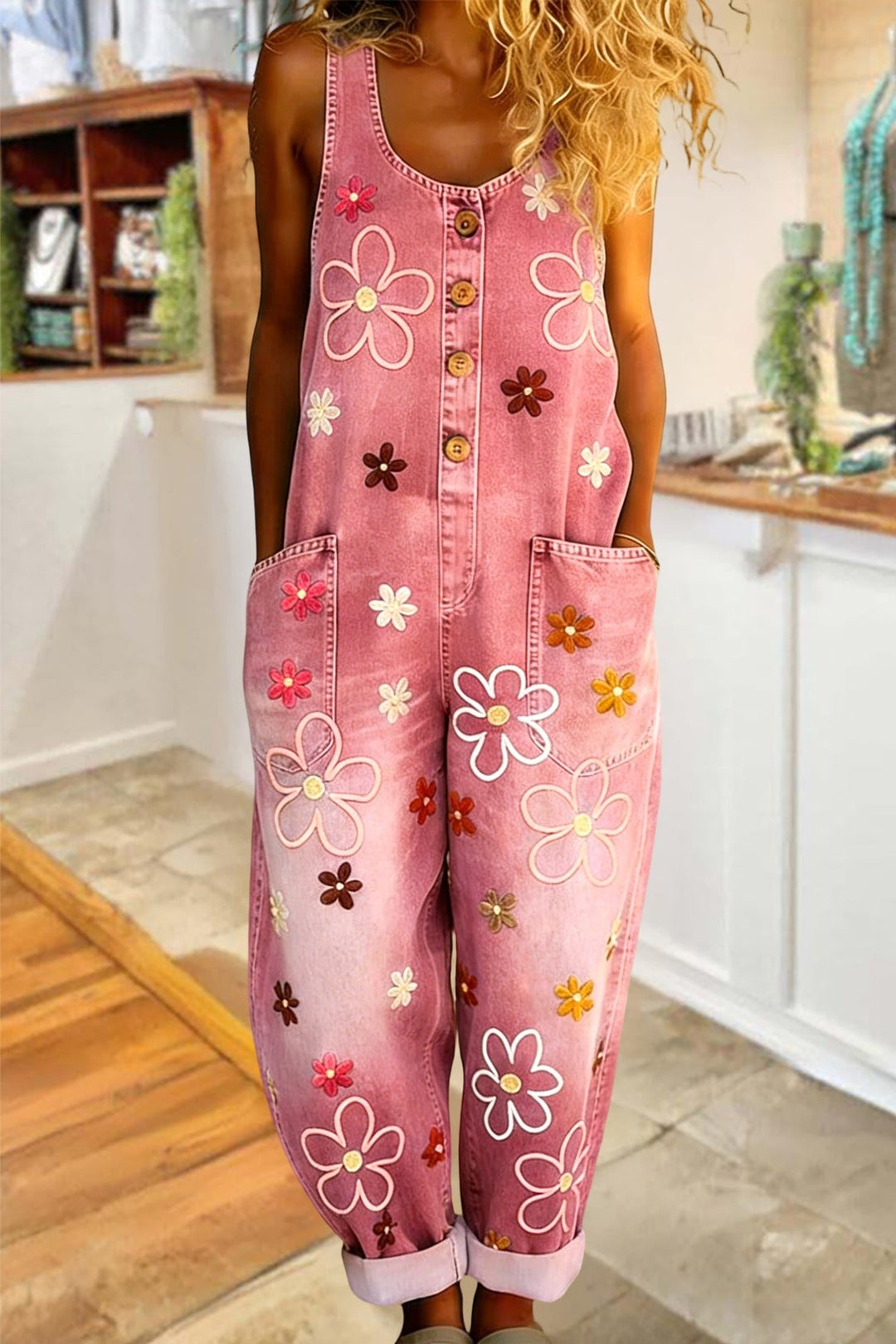 Women's Denim Floral Dungarees Jumpsuit Romper Overalls