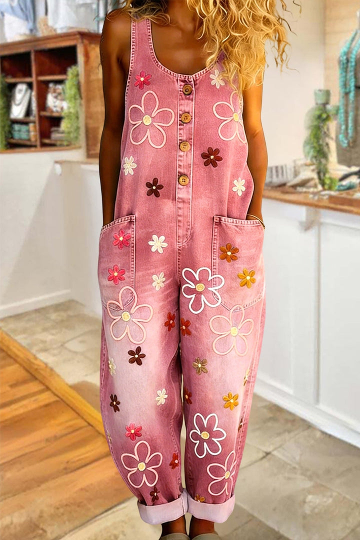 Women's Denim Floral Dungarees Jumpsuit Romper Overalls