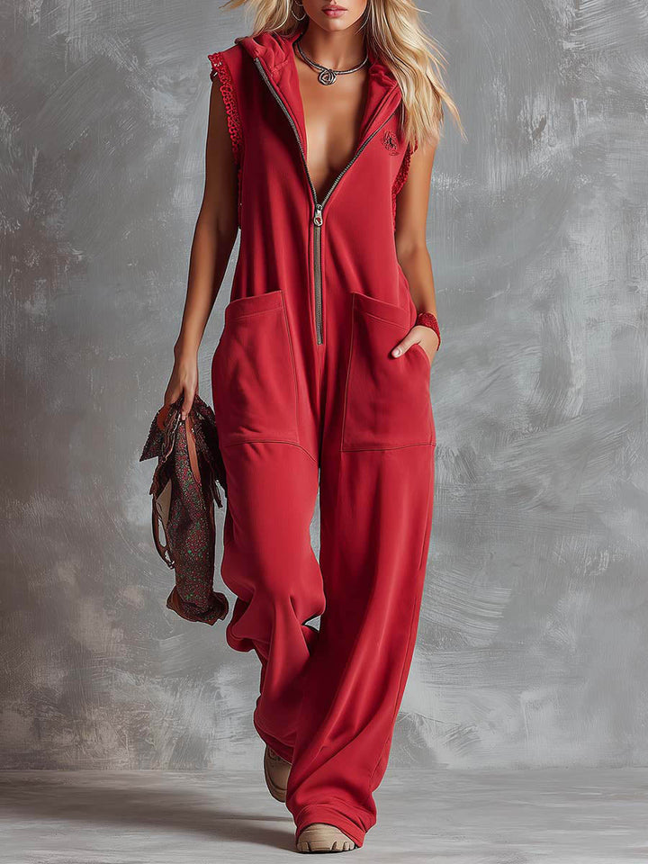 Women's Fleece Sleeveless Hooded Jumpsuit Wide Leg Romper