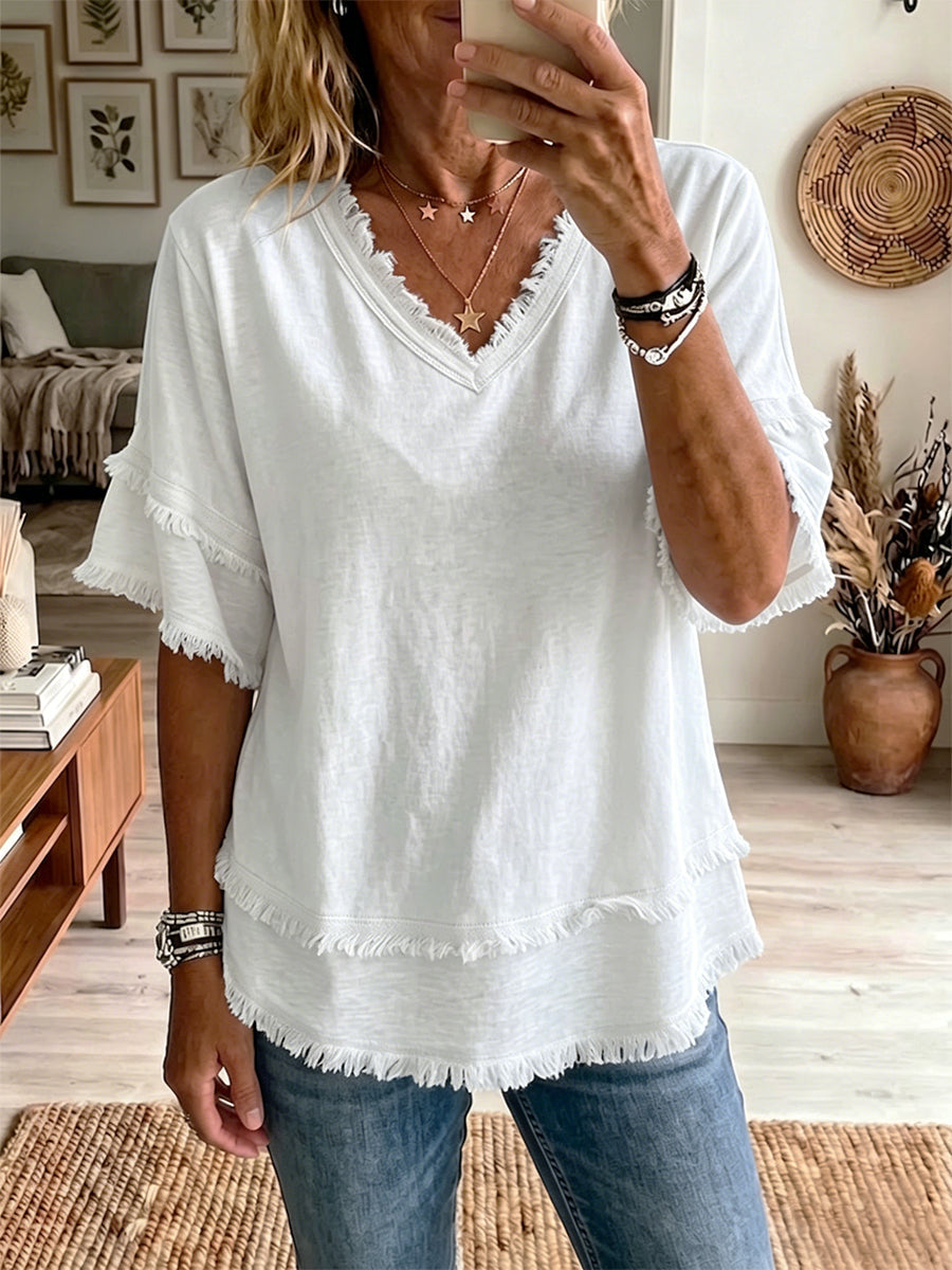 Women's V-Neck Short Sleeve Linen Blouse Top