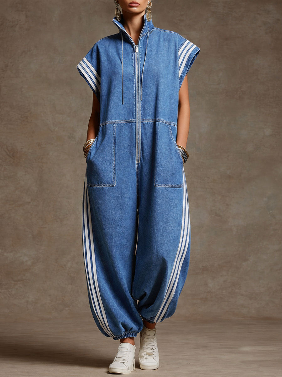 Women's Denim Zip Front Harem Jumpsuit