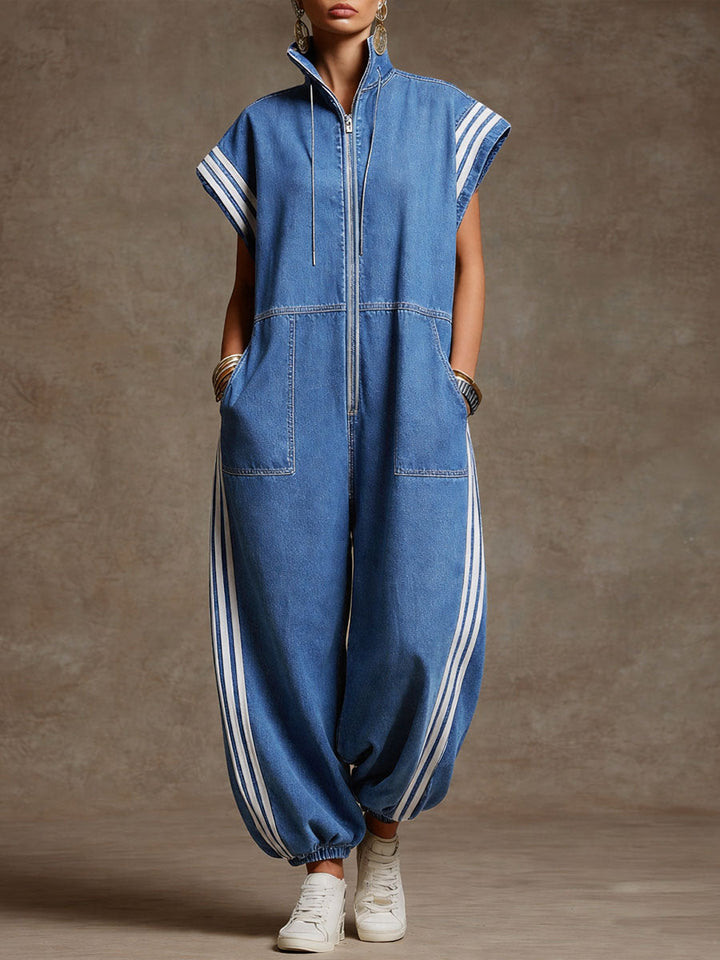 Women's Denim Zip Front Harem Jumpsuit