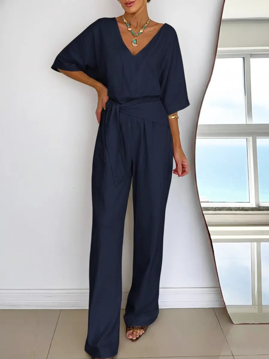 Women's Linen Jumpsuit V-Neck Short Sleeve Belted Wide Leg One Piece Romper