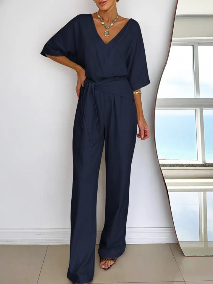 Women's Linen Jumpsuit V-Neck Short Sleeve Belted Wide Leg One Piece Romper