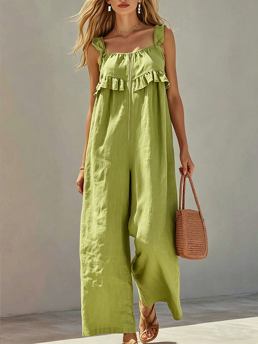 Women's Linen-Blend Square Neck Wide Leg Jumpsuit