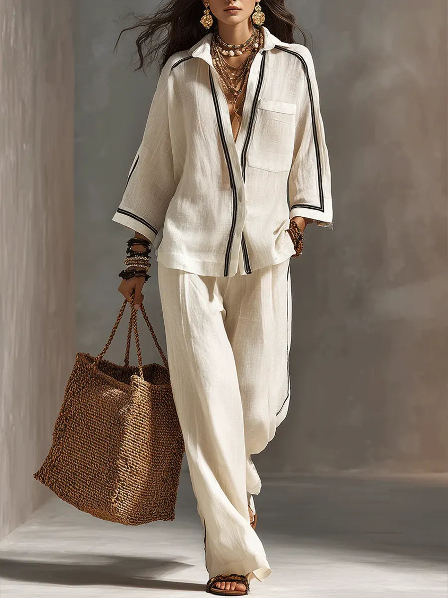 Women's Linen Two Piece Set Wide Leg Trouser Suit Casual Outfit