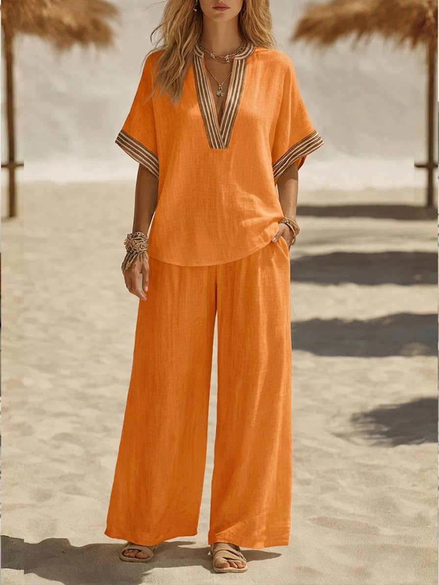 Women's Linen Two Piece Set Wide Leg Trousers and V Neck Top Co-ord