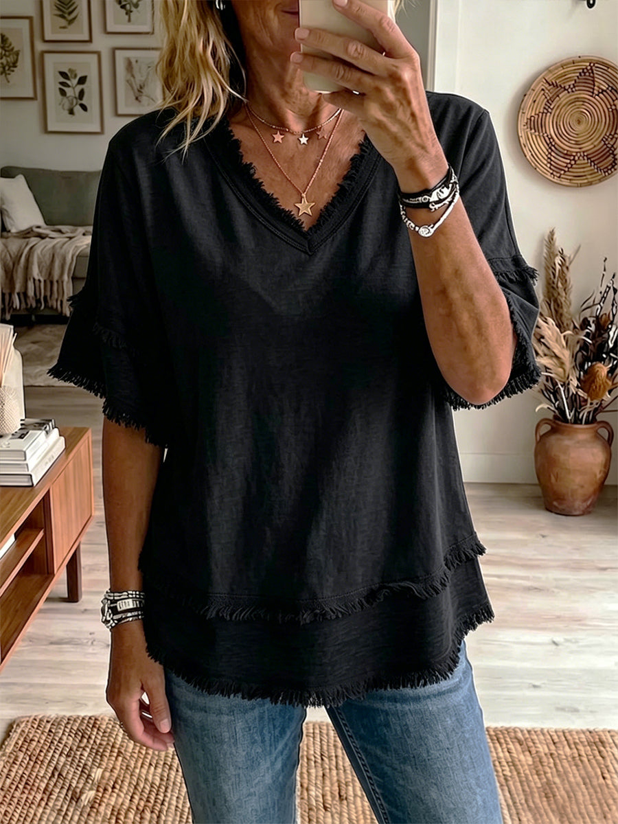 Women's Linen V-Neck Ruffle Sleeve Tunic Top