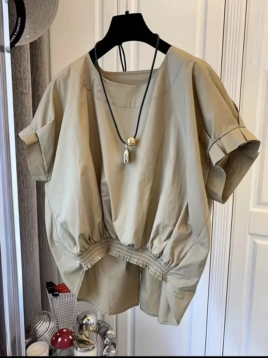 Women Blouse Linen Tie Back Short Sleeve Top