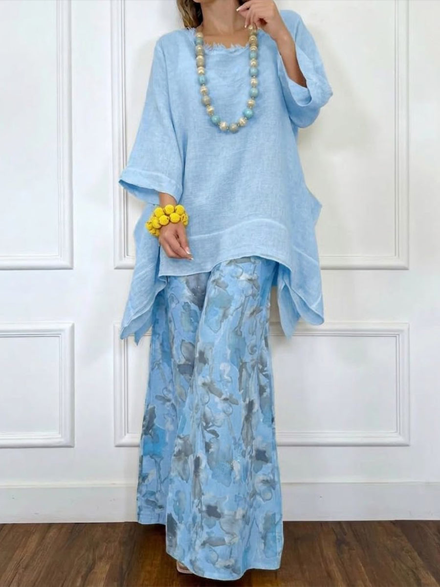 Women's Linen Tunic and Wide Leg Trousers Set