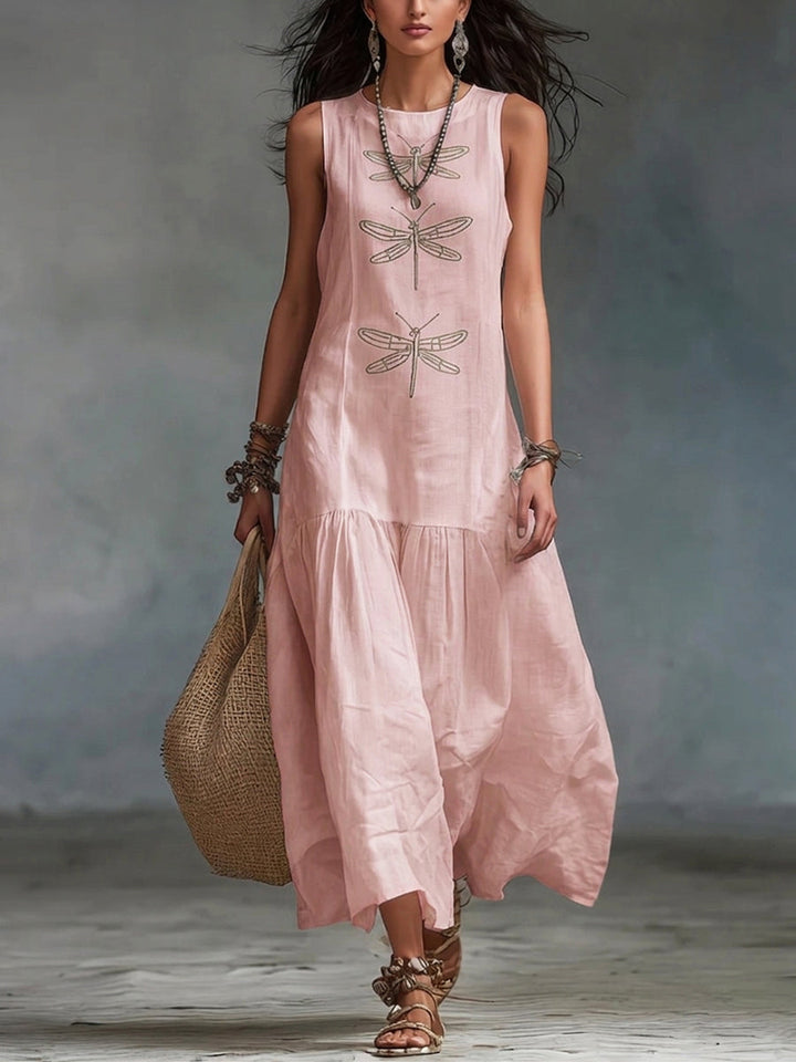 Women's Crew Neck Sleeveless Dragonfly Print Boho Linen Maxi Sundress
