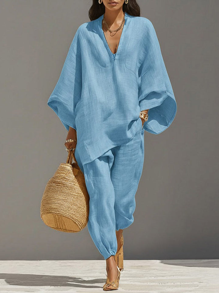 Women Linen V Neck Poncho Top and Joggers Two Piece Set