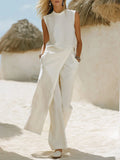 Women's Linen Sleeveless Top and Wide Leg Pants Two Piece Set