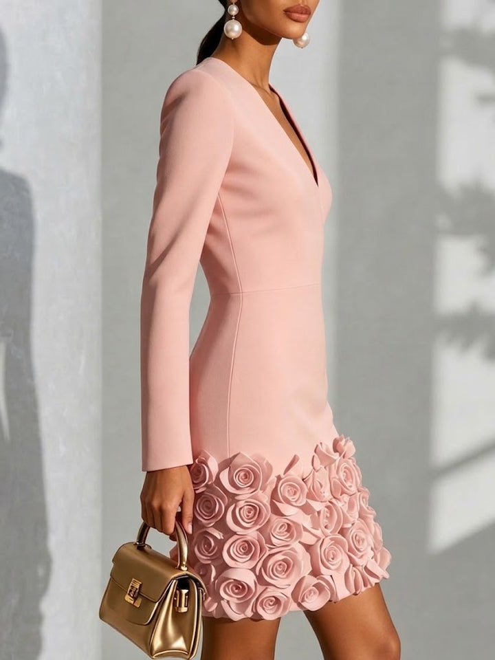 Robe de soirée moulante en maille pour femme, manches longues, col en V, mini.