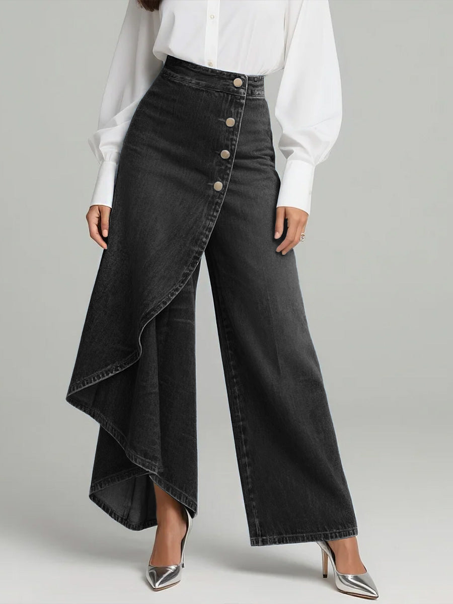 Women's Denim Wide Leg Ruffle Skirt Overlay Jeans High Waisted Trousers