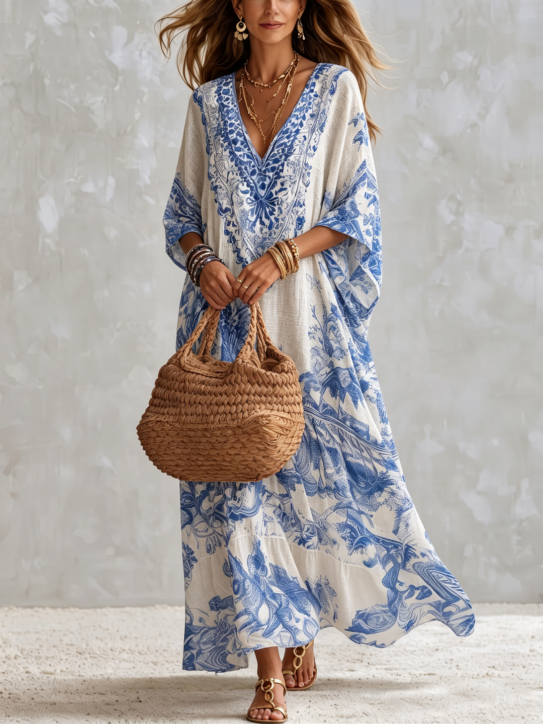 Women's Printed Linen Boho Long Kaftan Maxi Dress