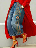 Women's Denim Embroidered Cropped Jeans Denim High Rise Straight Leg Trousers