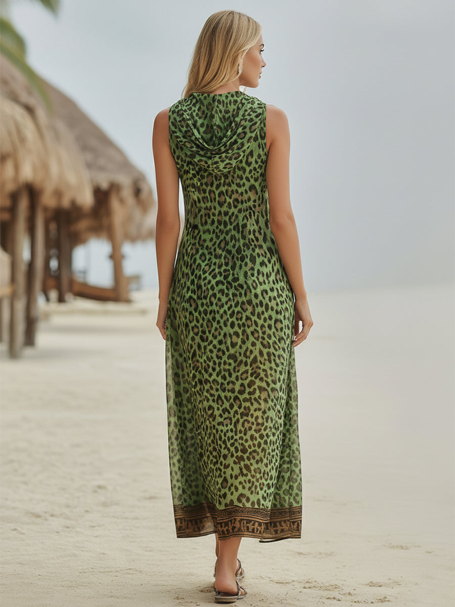 Women's Chiffon Leopard Print Sleeveless V-Neck Maxi Dress