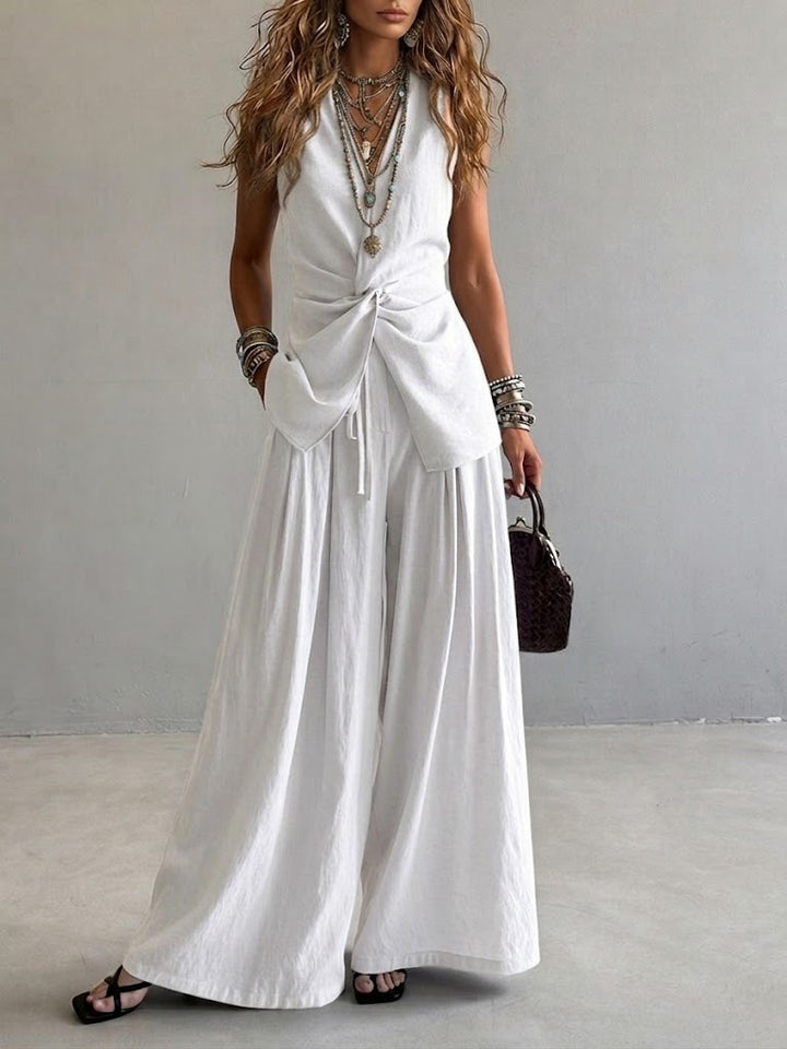 Women's Linen Two Piece Set  Sleeveless Wrap Top & Wide Leg Pants