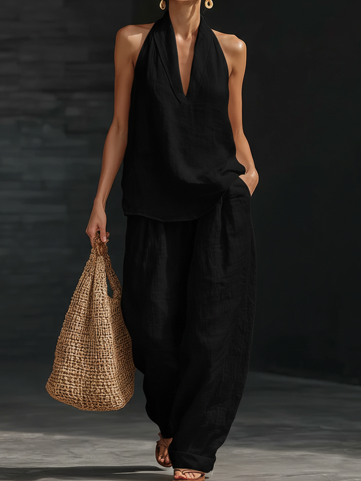 Women's Linen Halter Neck Top and Wide Leg Trousers Two Piece Set