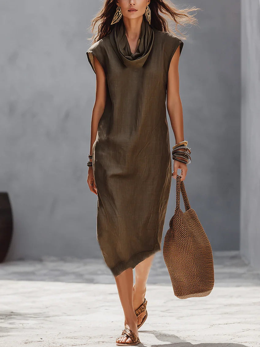 Women's Linen Cowl Neck Sleeveless Midi Shift Dress