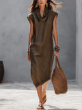 Women's Linen Cowl Neck Sleeveless Midi Shift Dress