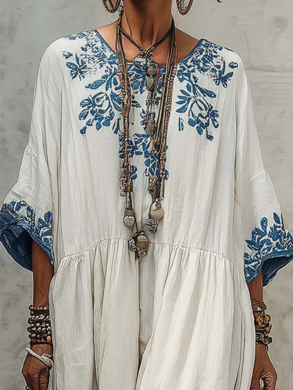 Women's Floral Linen-Blend V-Neck Boho Maxi Dress