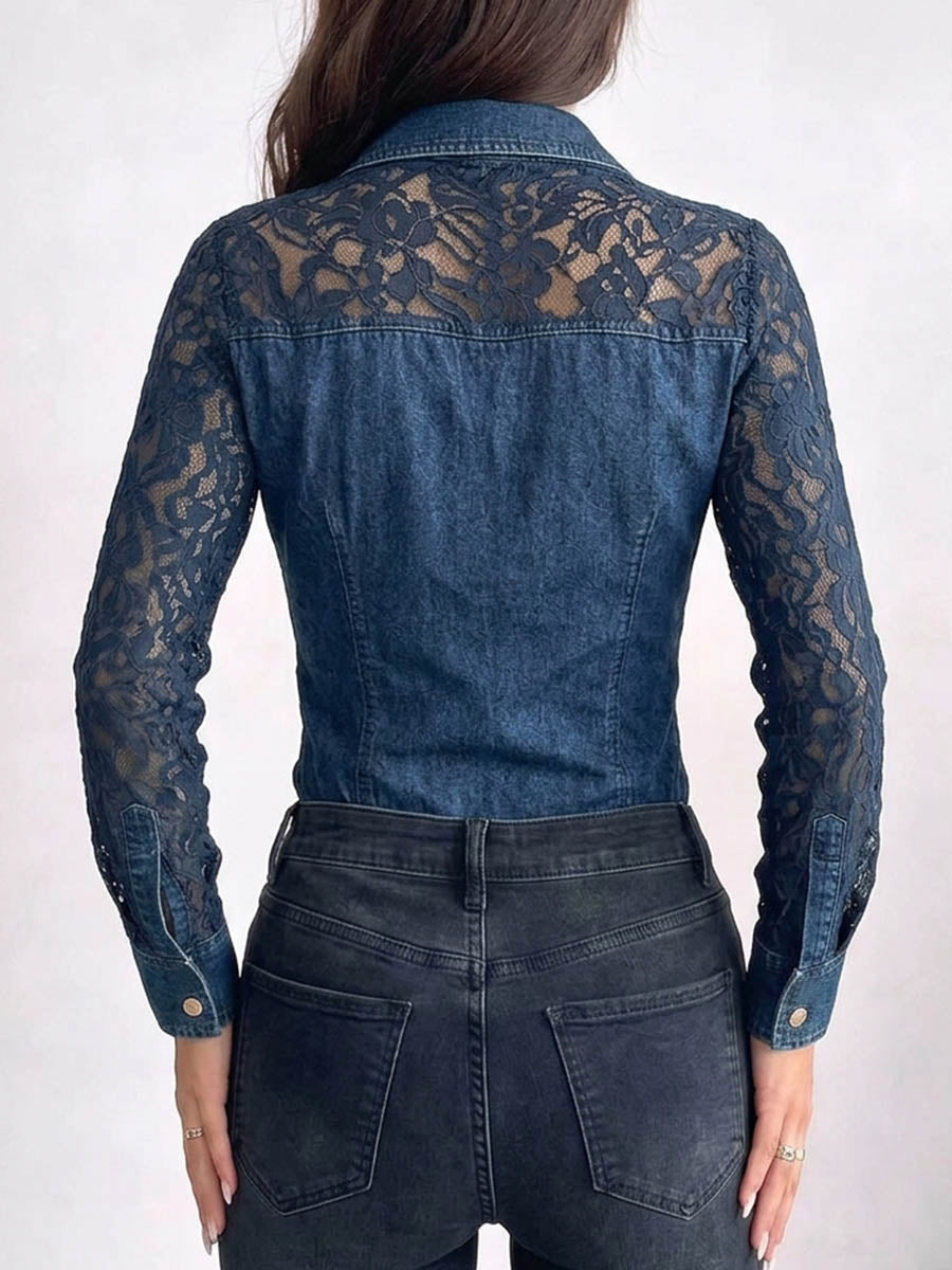 Women's Denim Lace Long Sleeve Button Down Shirt