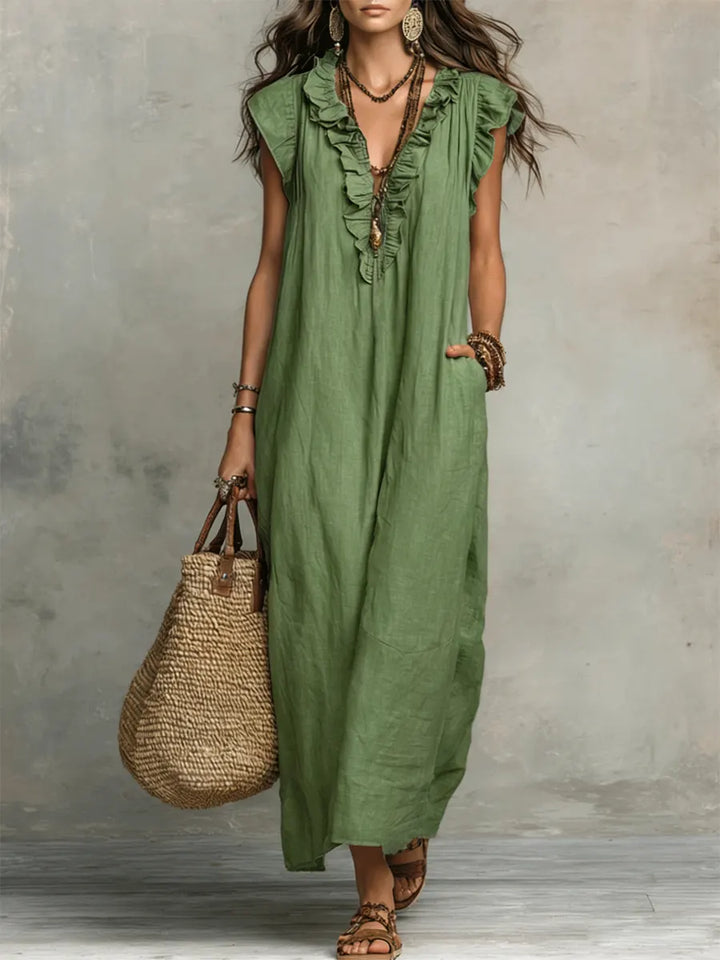Women's Linen V-Neck Sleeveless Kaftan Boho Maxi Dress