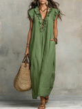 Women's Linen V-Neck Sleeveless Kaftan Boho Maxi Dress