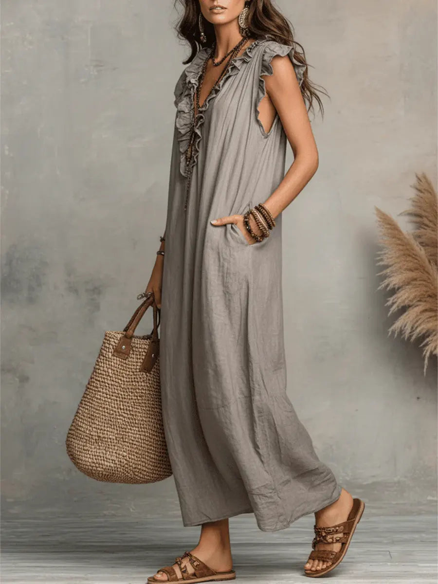 Women's Linen V-Neck Sleeveless Kaftan Boho Maxi Dress