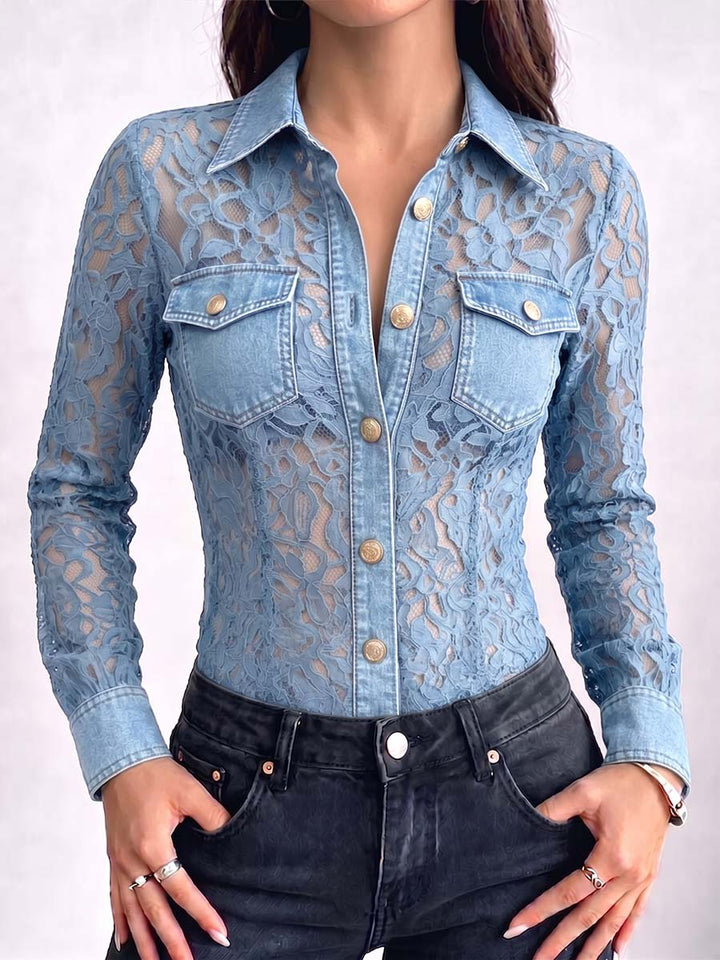 Women's Denim Lace Long Sleeve Button Down Shirt