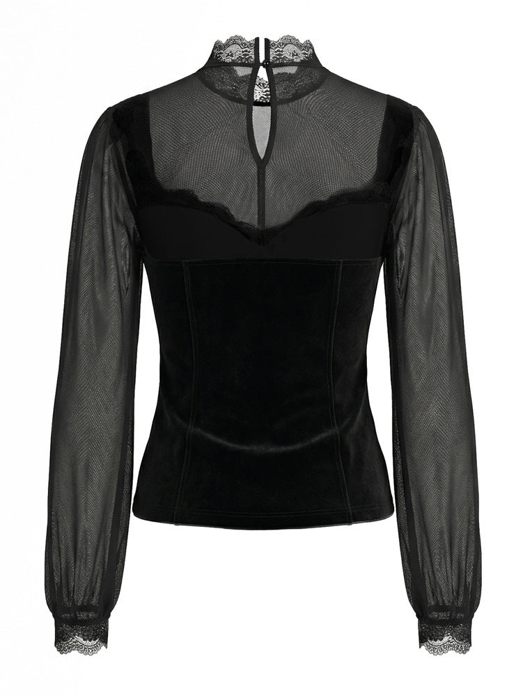 Blouse pour femme en velours et mesh à col haut et manches longues