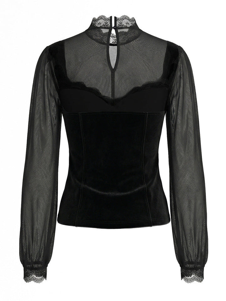Blouse pour femme en velours et mesh à col haut et manches longues
