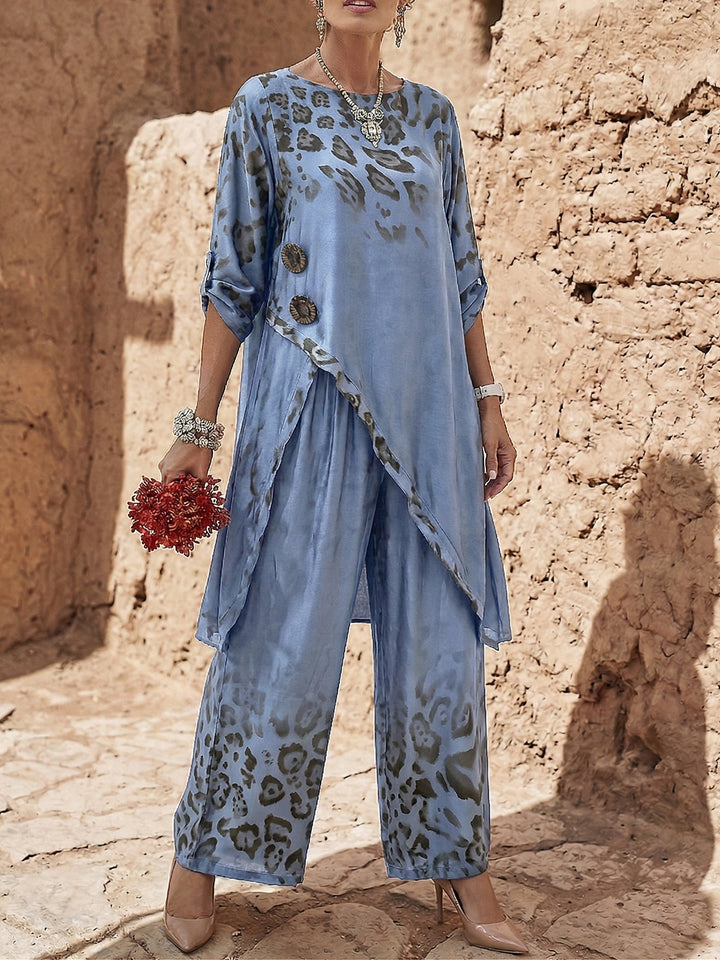 Women's Linen Trousers Set Floral Print Tunic Top and Wide Leg Pants Lounge Outfit