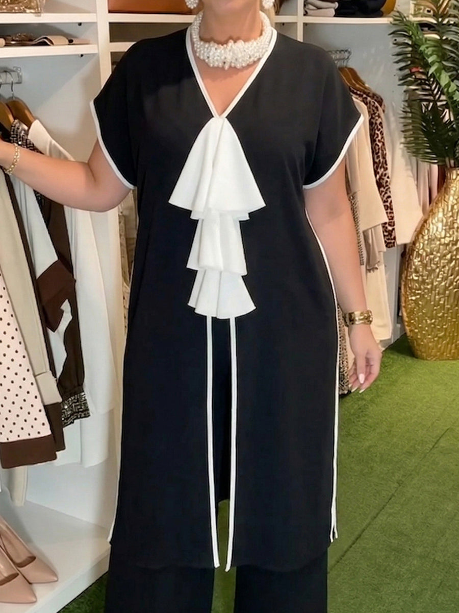 Women's Chiffon Ruffle Trim Tunic and Wide Leg Trousers Two Piece Set
