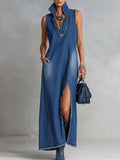 Women's High Neck Sleeveless Denim Maxi Dress with Split Hem