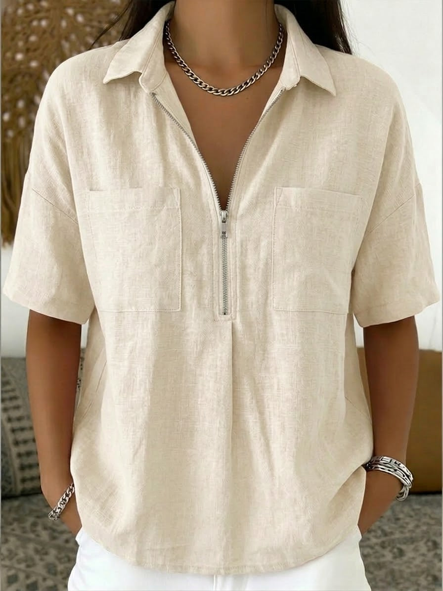 Women's Linen Blend Short Sleeve Zip Collar Polo Shirt