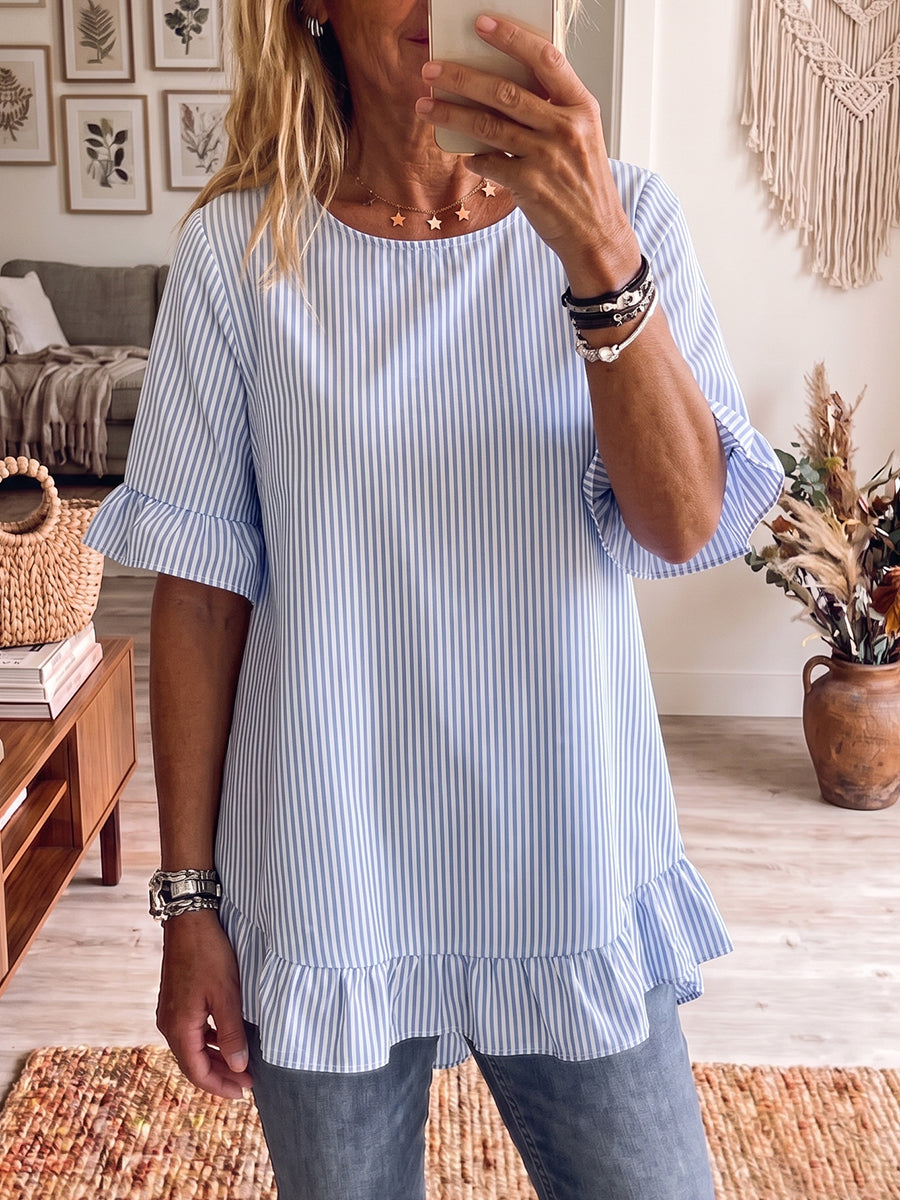 Women's Striped Linen Blend Short-Sleeve Ruffle Blouse