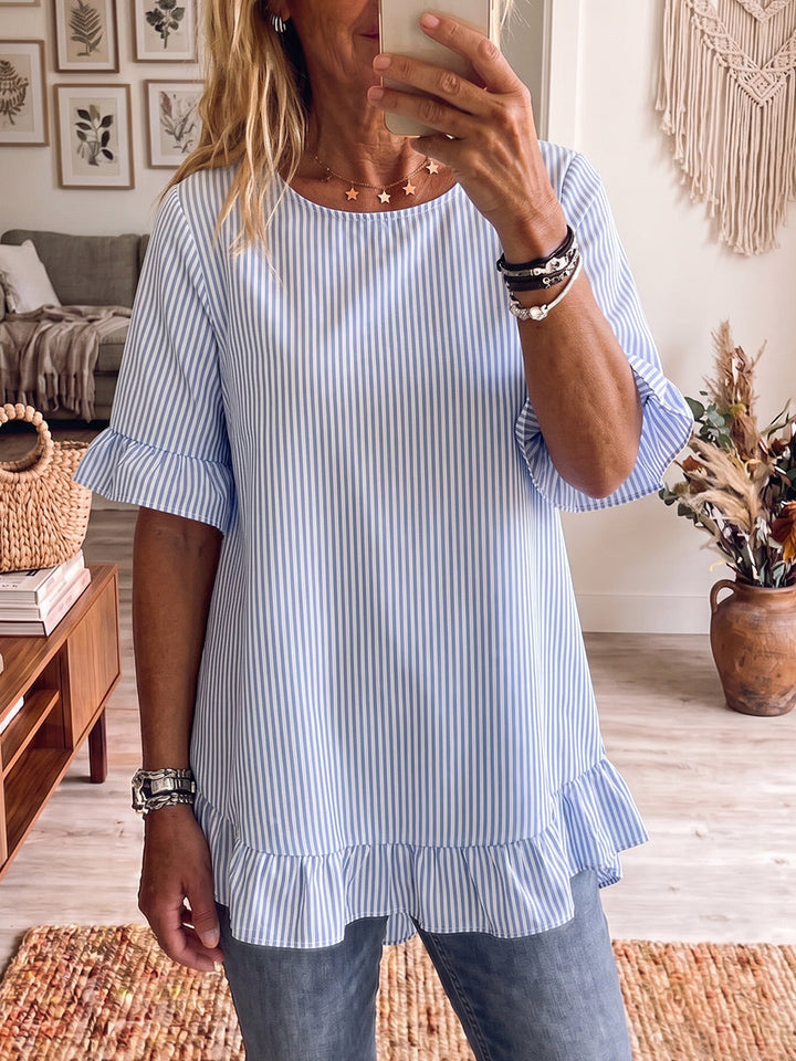 Women's Striped Linen Blend Short-Sleeve Ruffle Blouse