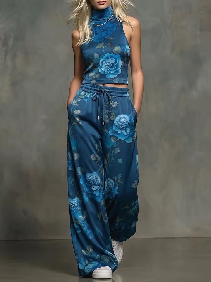 Women's Floral Sleeveless Turtleneck and Wide Leg Fleece Lounge Set