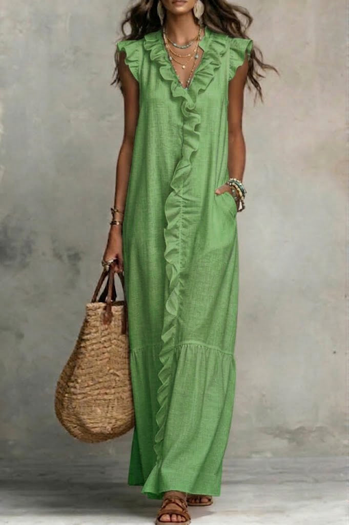 Women's Linen Ruffle V-Neck Maxi Dress