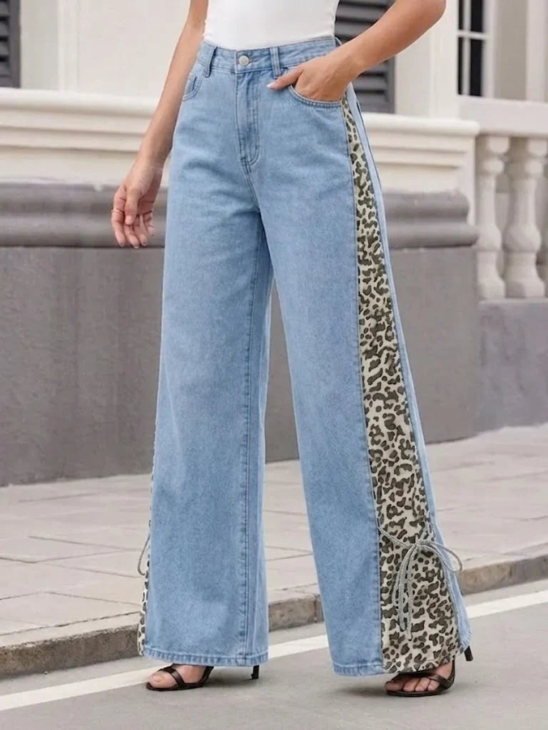 Women's Denim Wide Leg Leopard Print Side Panel Jeans