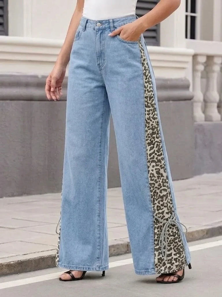 Women's Denim Wide Leg Leopard Print Side Panel Jeans